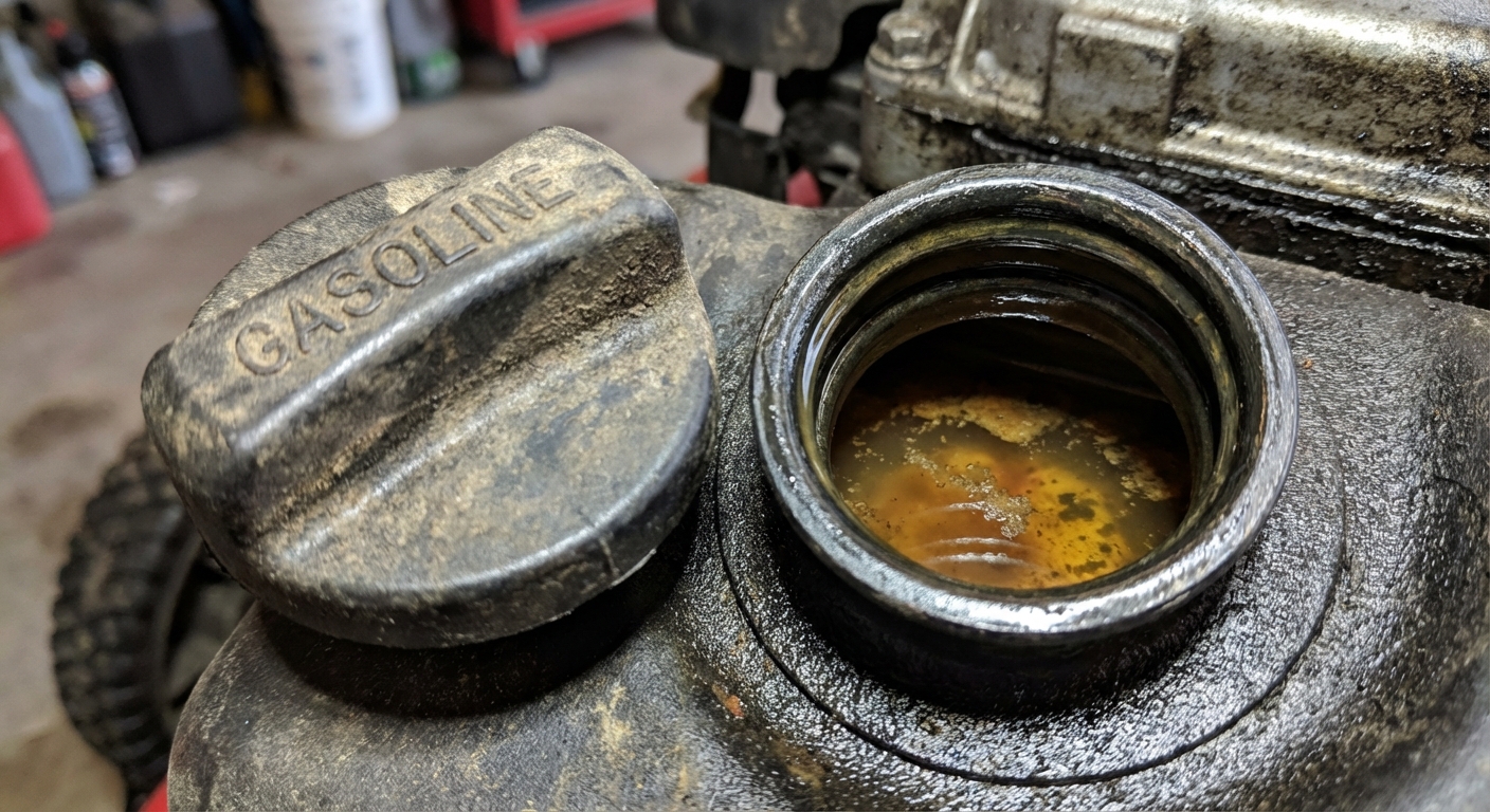 A close-up photo of a lawn mower fuel tank cap removed with visible old amber gasoline inside the tank
