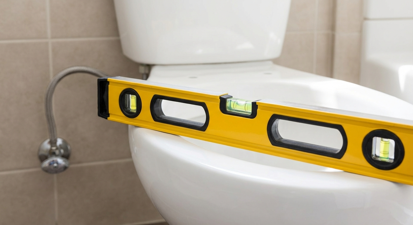A close-up photo of a level sitting on the rim of a newly installed toilet bowl