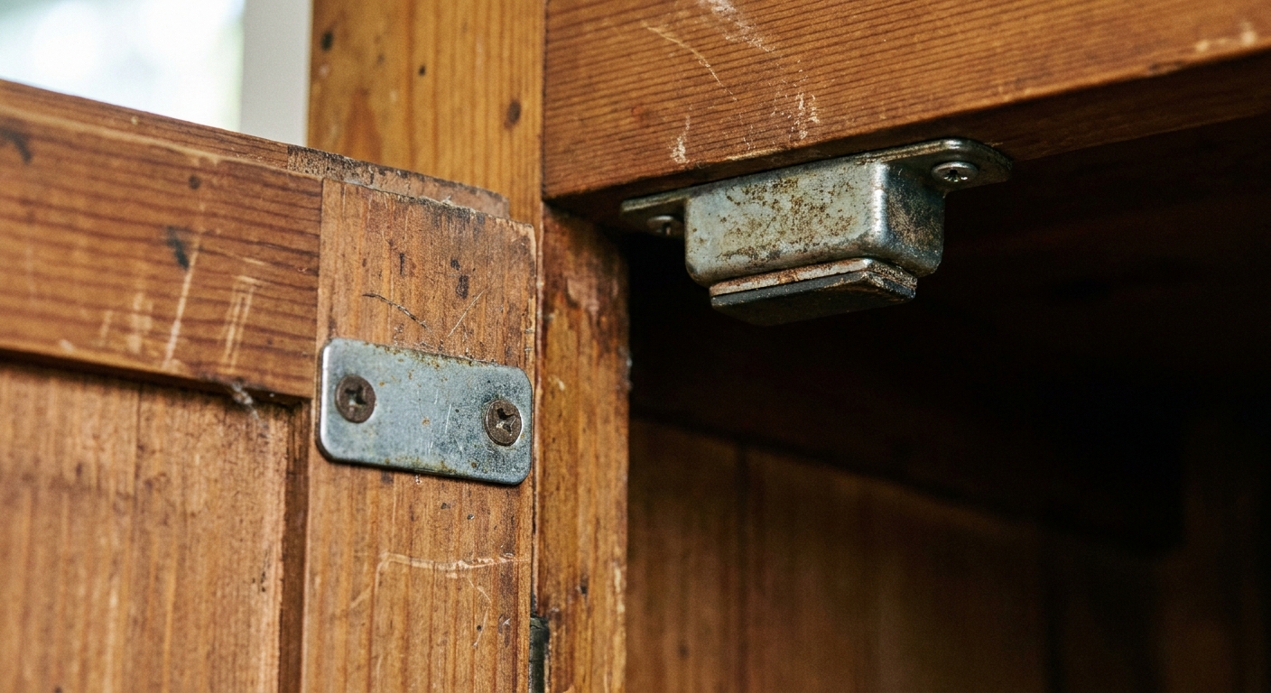 A close-up photo of a magnetic cabinet catch mounted inside a cabinet with the metal striker plate on the door