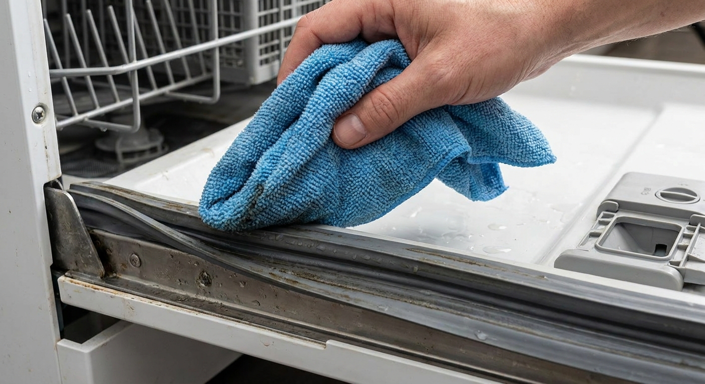 A close-up photo of a microfiber cloth wiping the rubber door gasket of a dishwasher with the door open