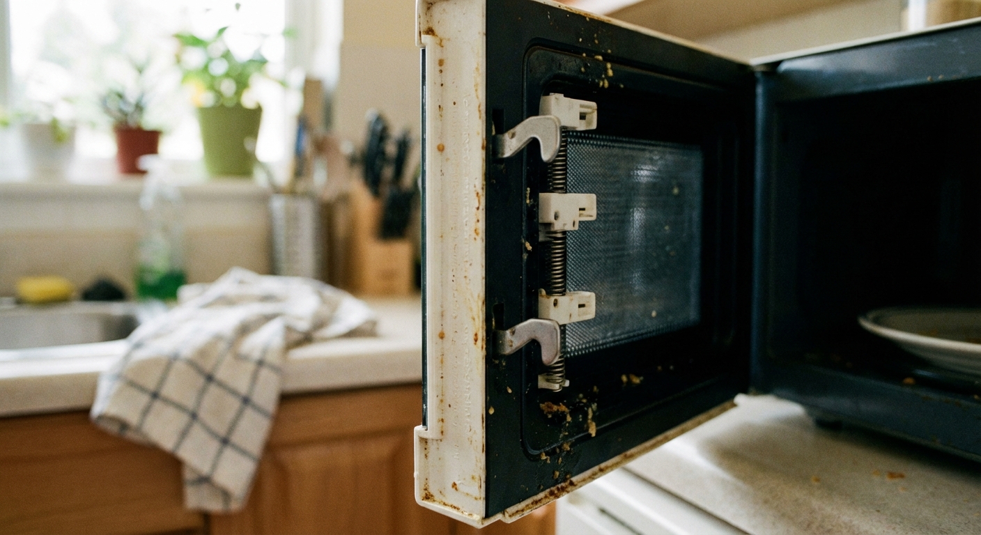A close-up photo of a microwave door latch area with the door open, showing the latch hooks and the frame where the safety switches engage, in a real kitchen