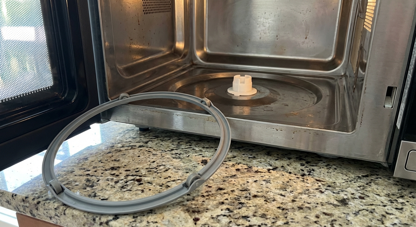 A close-up photo of a microwave interior with the glass tray removed, focusing on the plastic turntable coupler in the center and the roller ring nearby on a kitchen counter, realistic lighting
