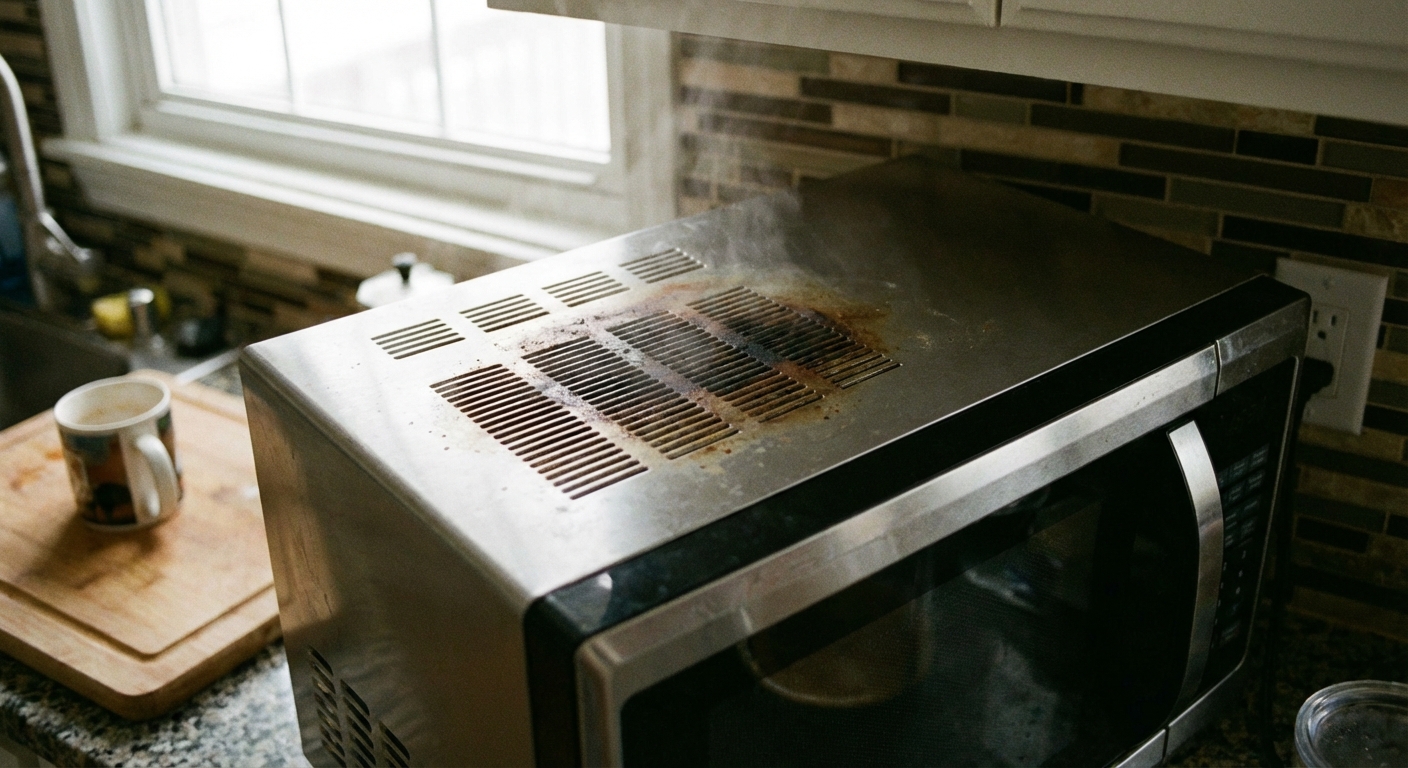 A close-up photo of a microwave on a kitchen counter with its top vent area visible, showing where heat exhausts, in a normal home environment