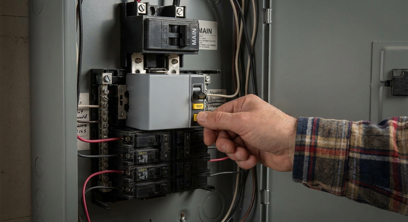 A close-up photo of a modern circuit breaker with a small test button on its face inside a residential panel