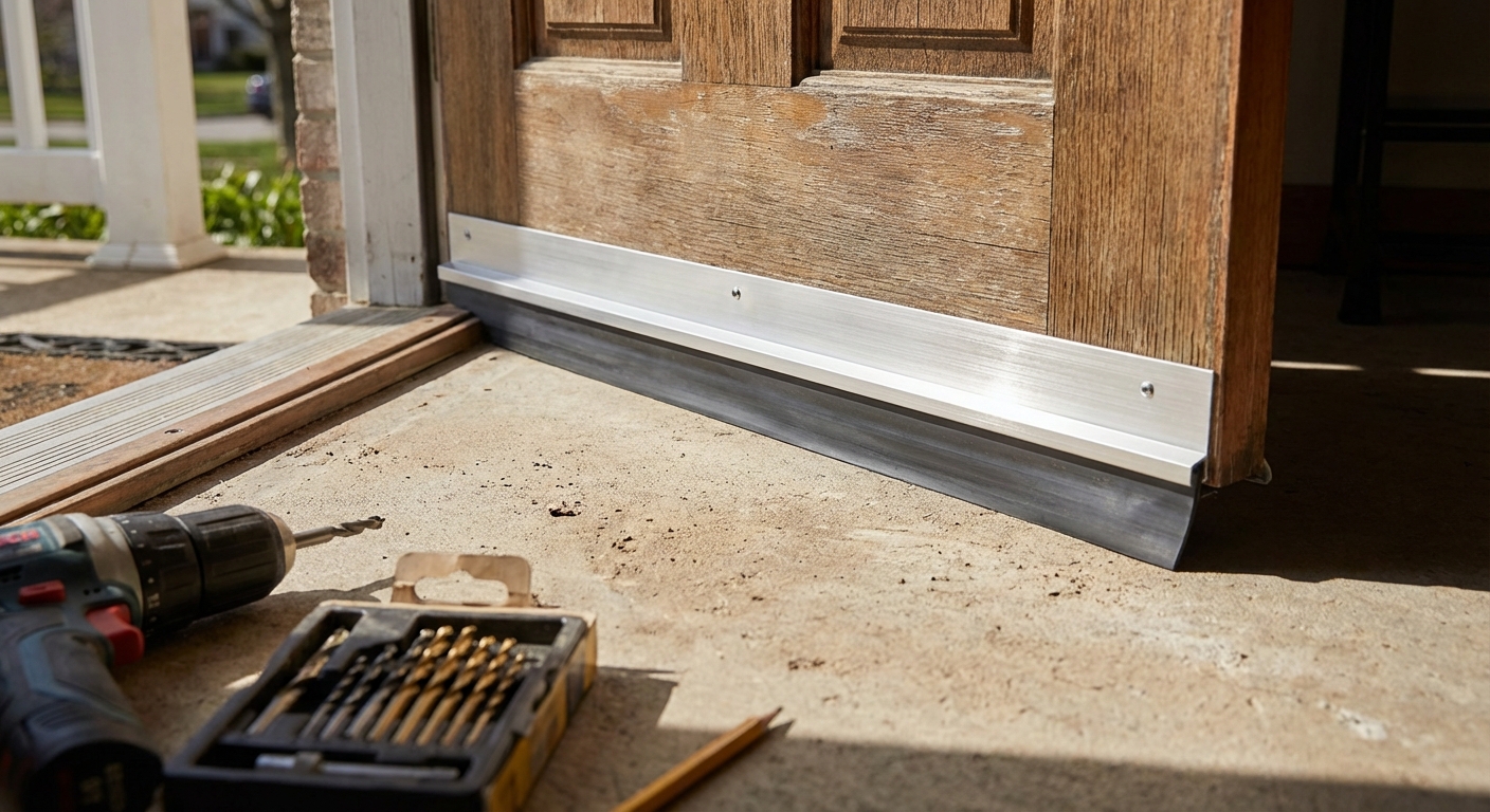 A close-up photo of a new aluminum door sweep with a rubber fin held against the bottom edge of an exterior door, drill and bits on the floor nearby, realistic DIY photo