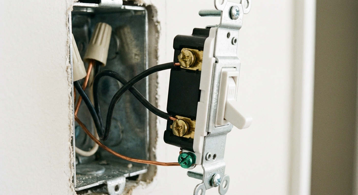 A close-up photo of a new single-pole light switch with two black wires on brass screws and a bare copper ground wire on the green screw