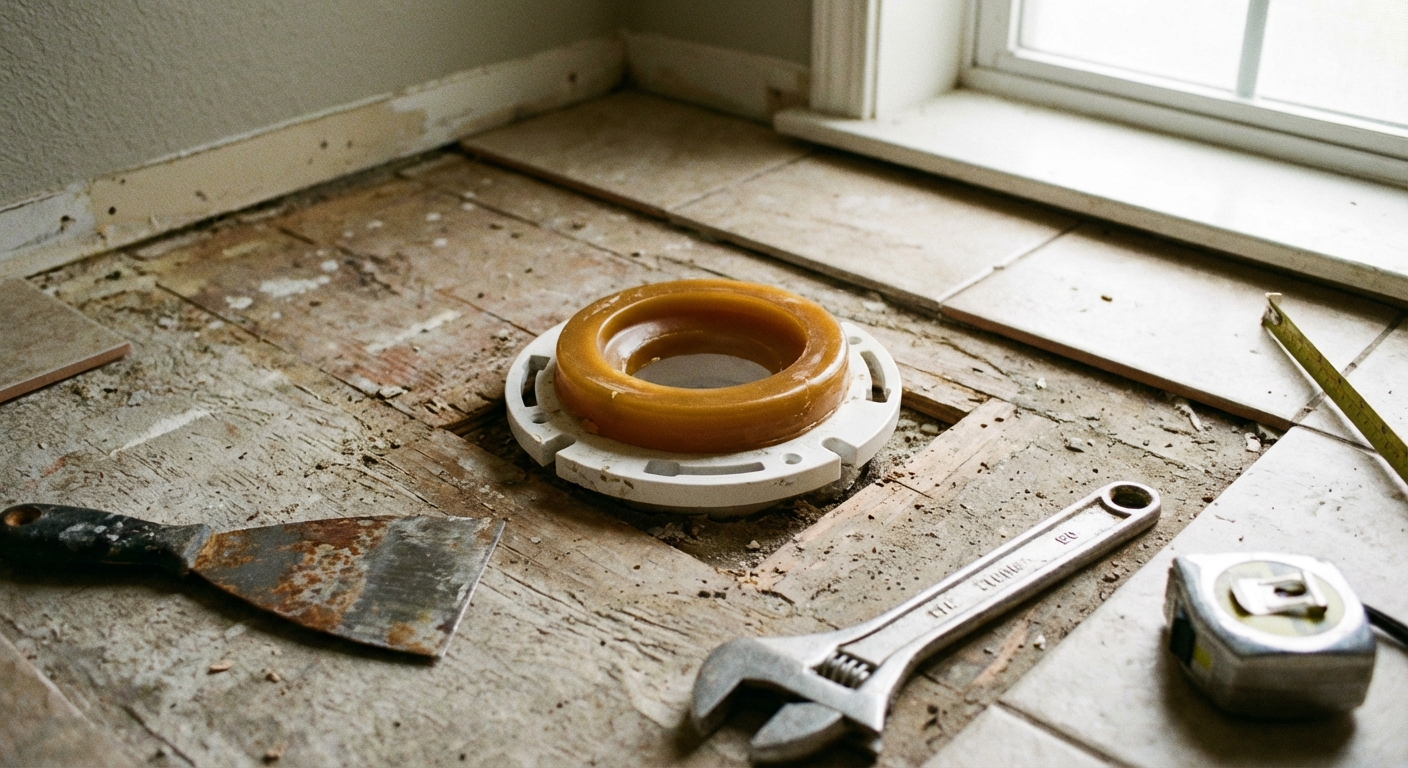 A close-up photo of a new wax ring and toilet flange on a bathroom floor with simple tools nearby, natural indoor lighting, realistic home renovation scene