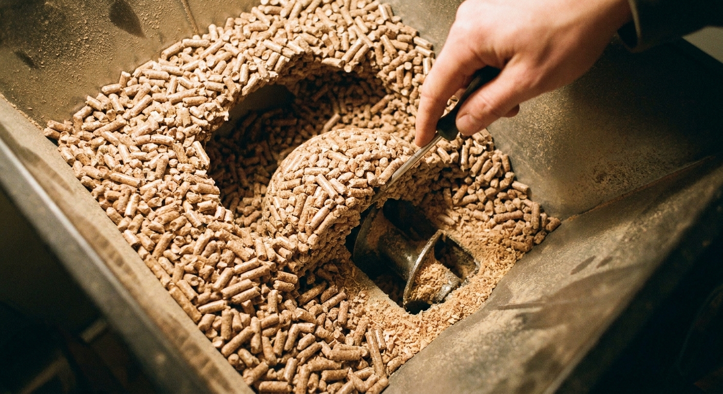 A close-up photo of a pellet stove hopper with a visible hollow crater in the pellets showing bridging over the auger intake