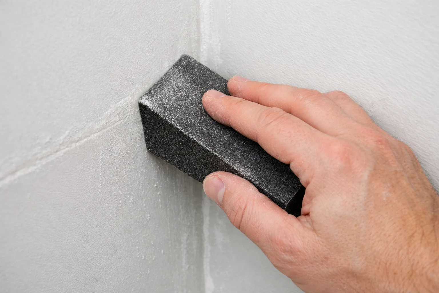A close-up photo of a person lightly sanding a small patched area on a white ceiling with a sanding sponge, indoor renovation scene
