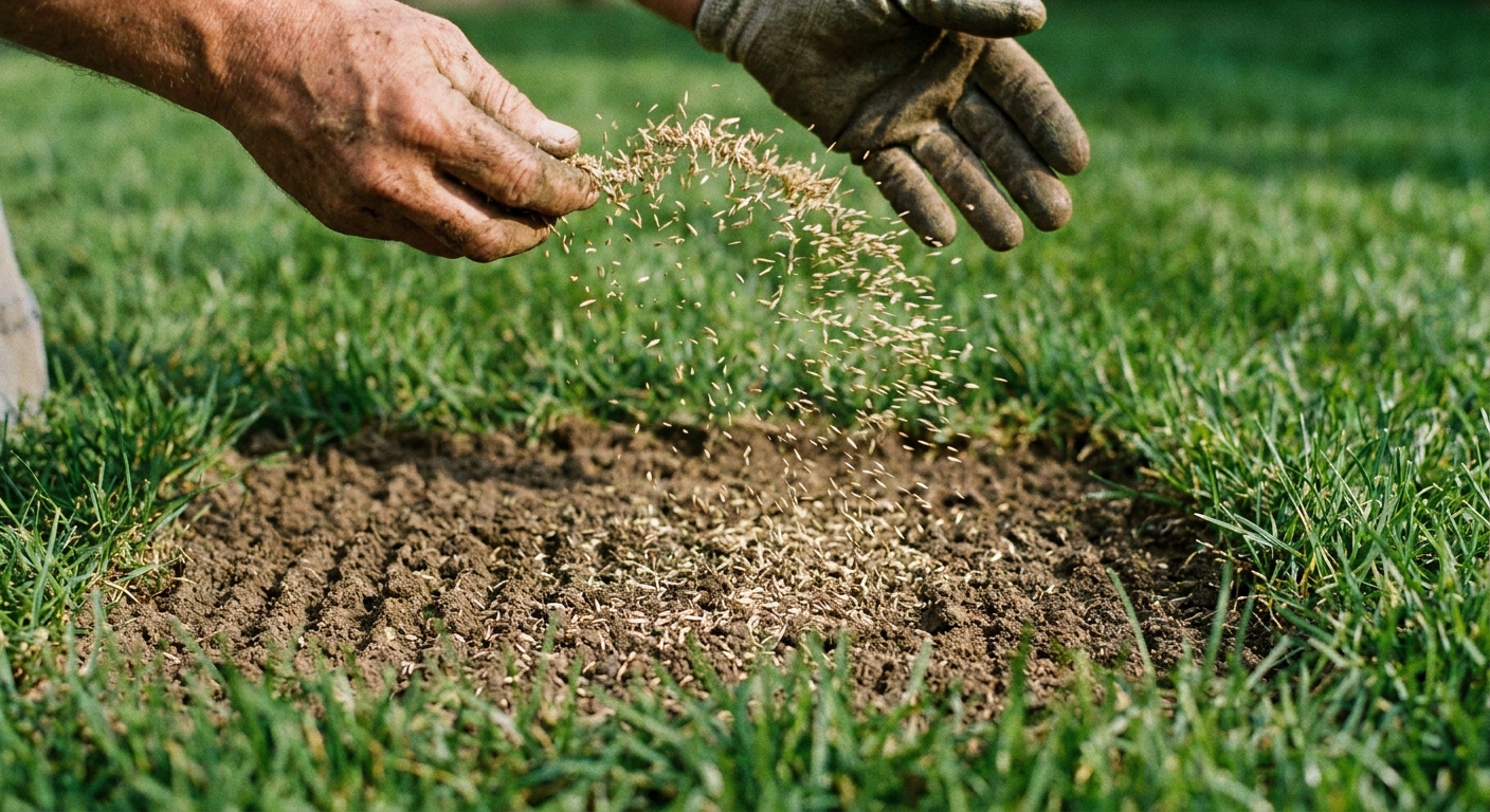 A close-up photo of a person’s hands scattering grass seed over a small raked bare spot in a lawn