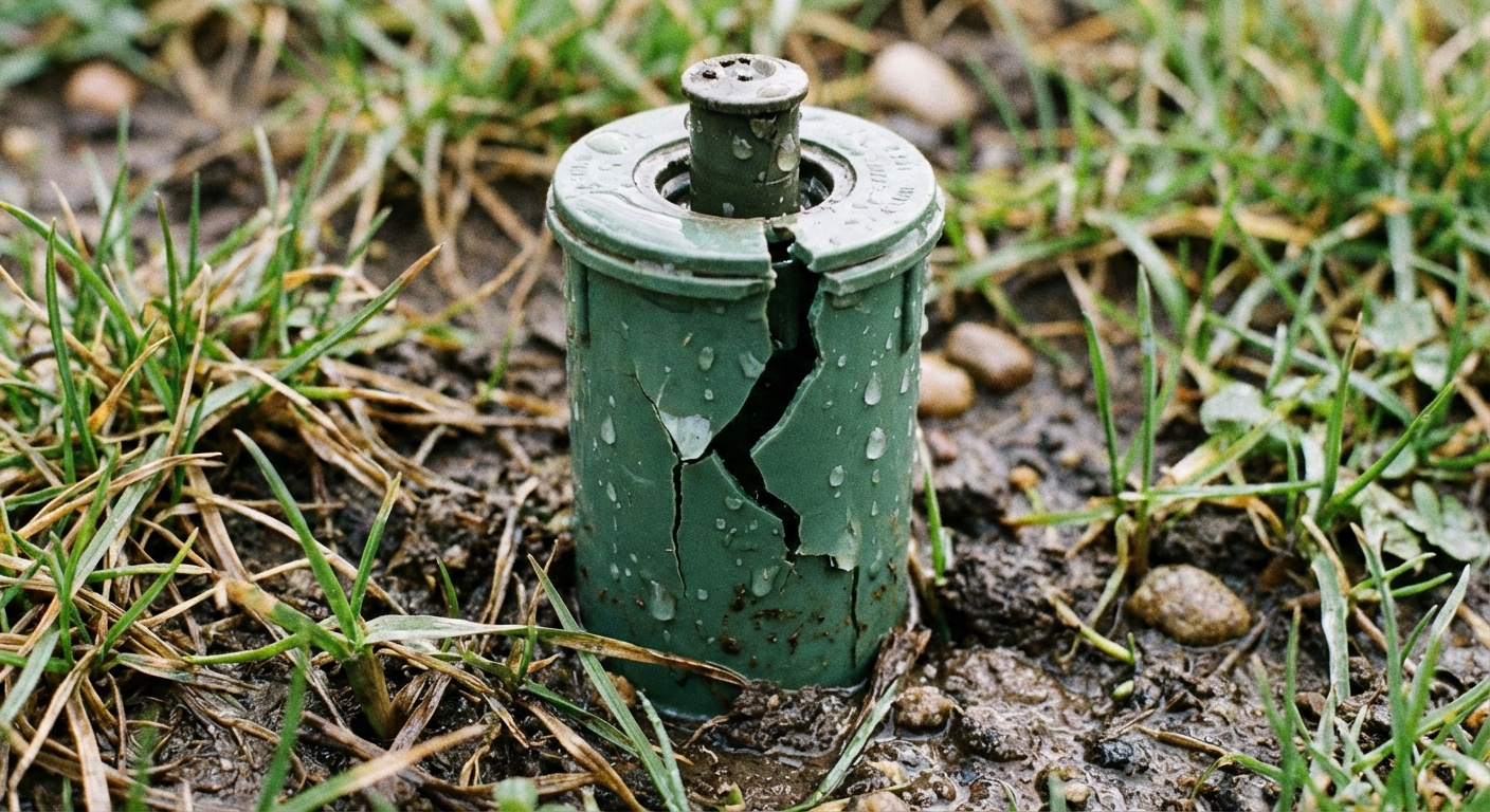 A close-up photo of a pop-up sprinkler head with a visible crack in the plastic body beside early spring grass and damp soil