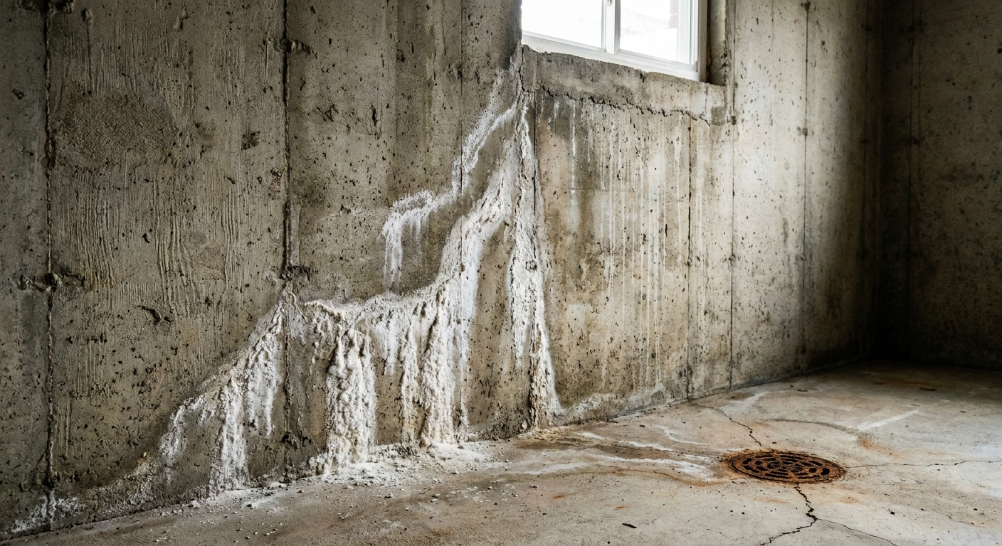 A close-up photo of a poured concrete basement wall with white chalky efflorescence streaks near the floor, natural indoor lighting