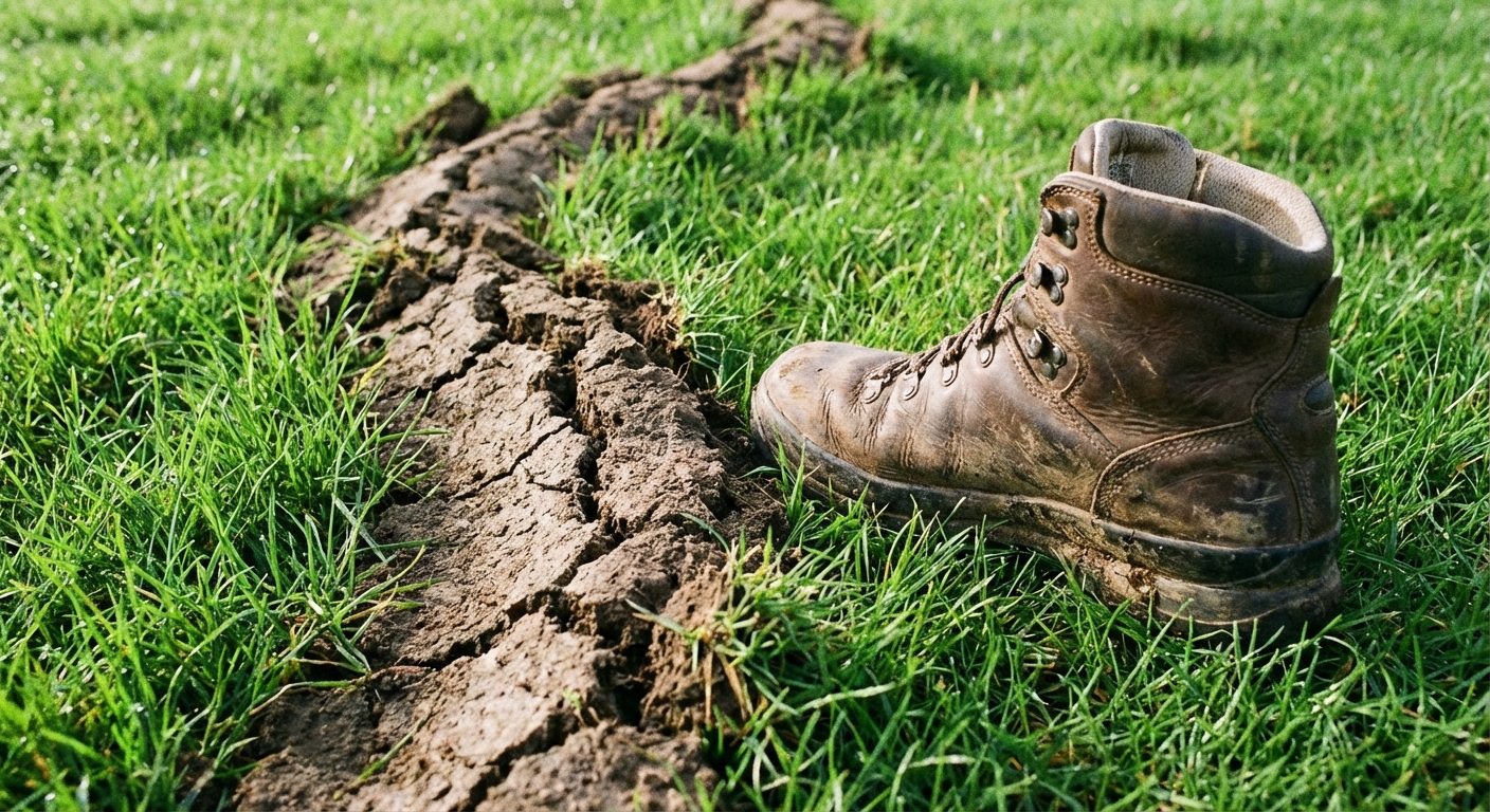 A close-up photo of a raised mole tunnel ridge running through green grass, with a boot nearby for scale, natural daylight
