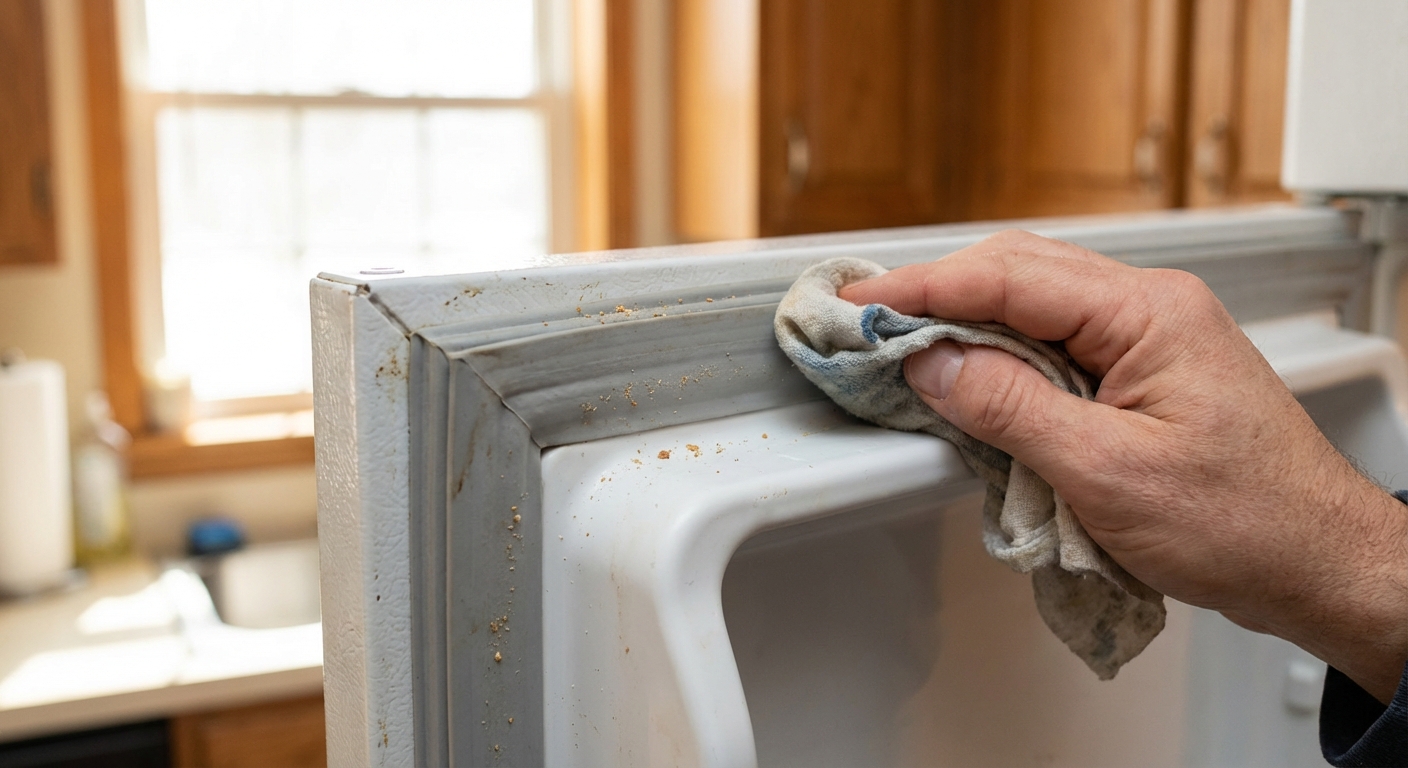 A close-up photo of a refrigerator door gasket corner showing a homeowner wiping the rubber seal with a cloth, natural kitchen lighting, photorealistic