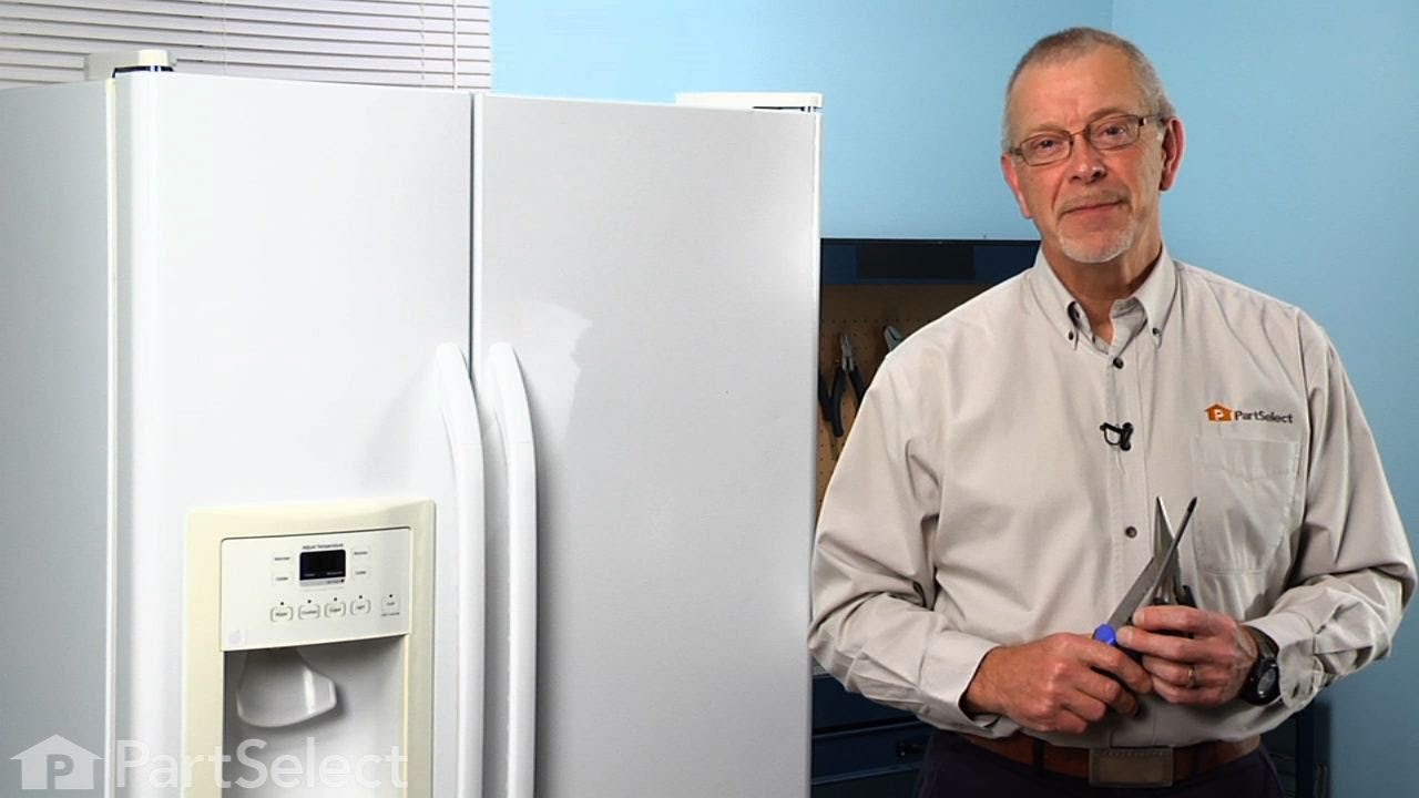 A close-up photo of a refrigerator water dispenser area with the front trim removed, showing wiring and a small microswitch behind the lever