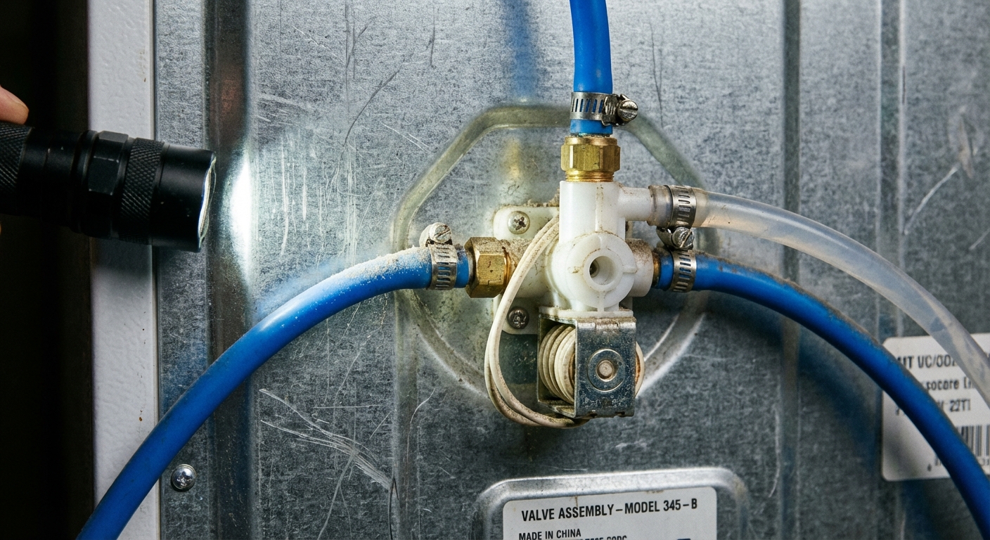 A close-up photo of a refrigerator water inlet valve mounted on the back of the appliance with water tubing attached, showing a small flashlight beam illuminating the part, photorealistic