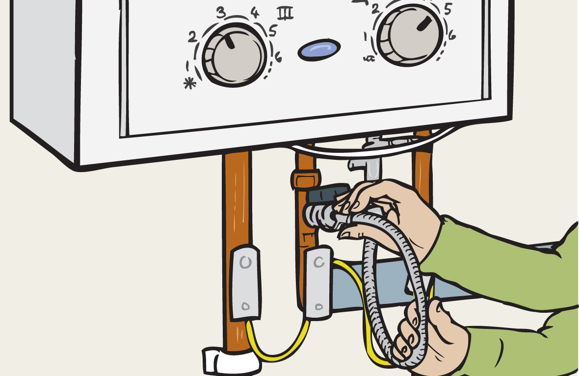 A close-up photo of a residential boiler pressure gauge and the filling loop valves underneath the boiler, with a homeowner’s hand reaching in to adjust a valve