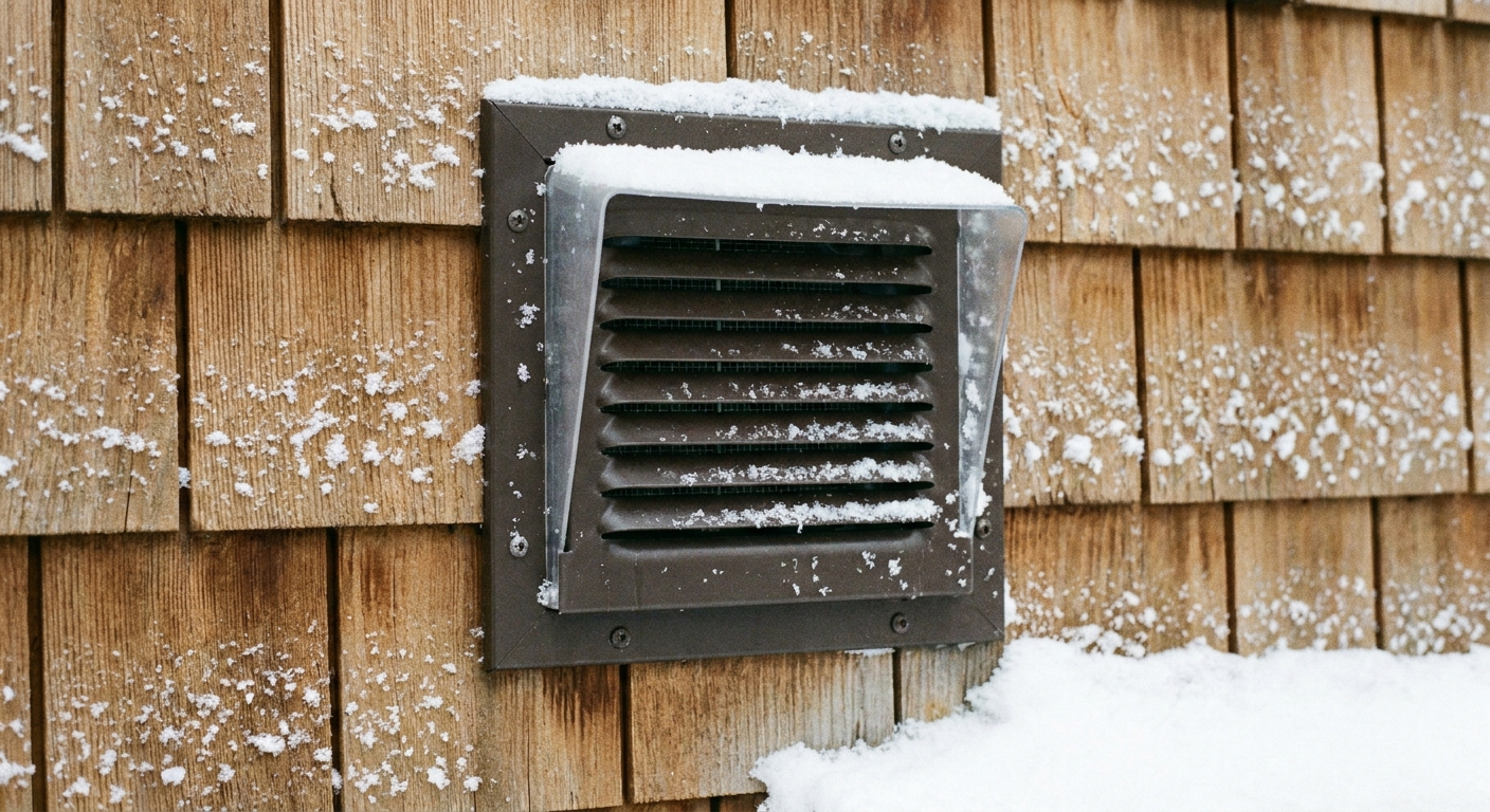 A close-up photo of a residential fresh air intake hood on an exterior wall with light snow nearby and the grille visible