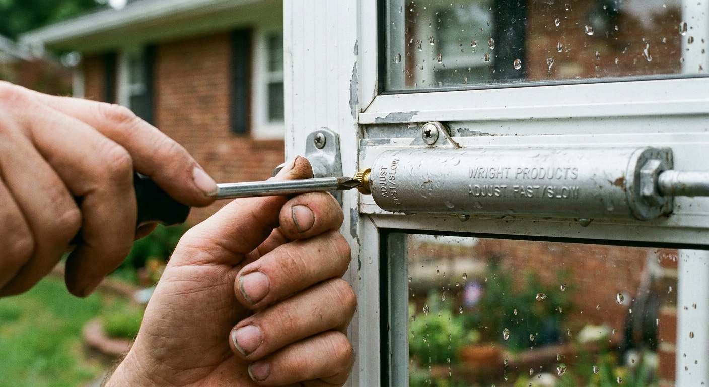 A close-up photo of a residential storm door hydraulic closer mounted on an aluminum storm door, with a homeowner's hand turning the adjustment screw using a screwdriver