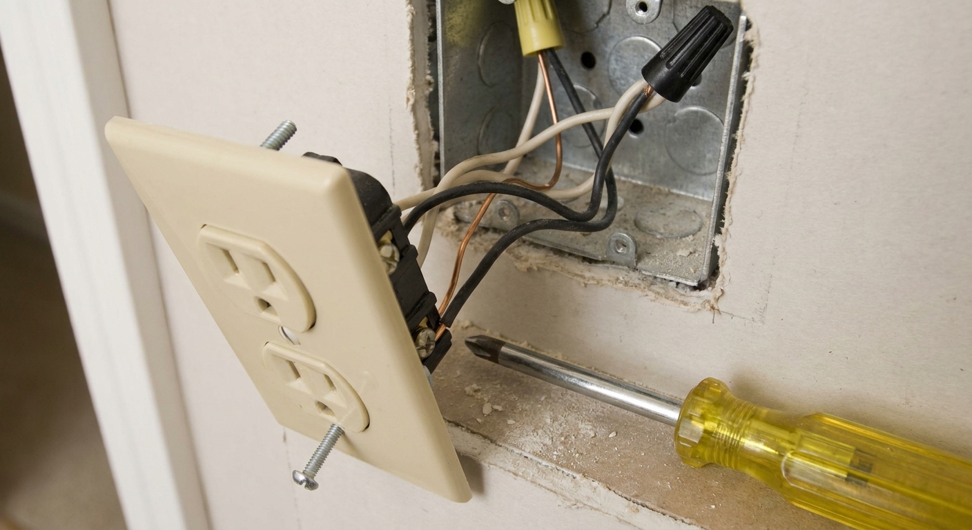 A close-up photo of a residential wall outlet pulled slightly from the electrical box with wires visible, power off and a screwdriver nearby
