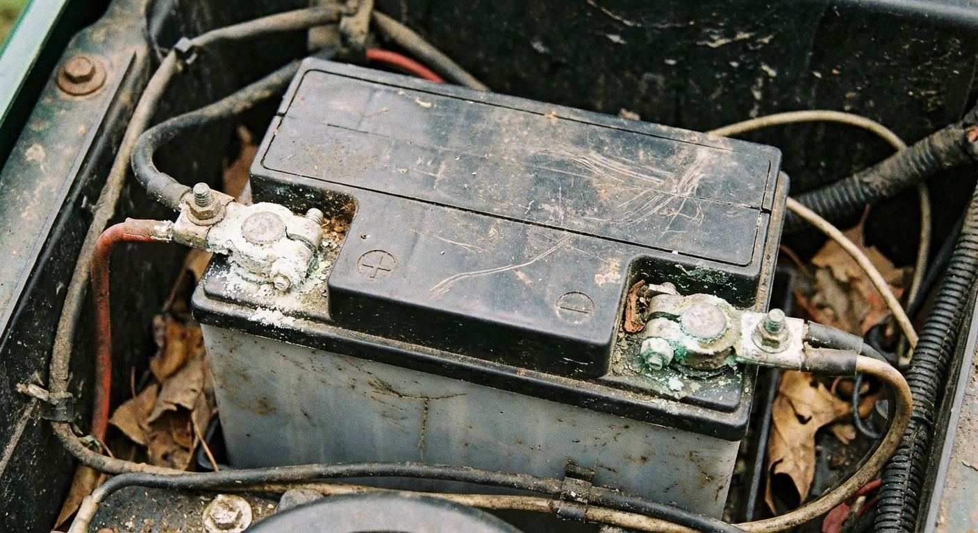 A close-up photo of a riding lawn mower battery with visible positive and negative terminals and light corrosion on the connectors