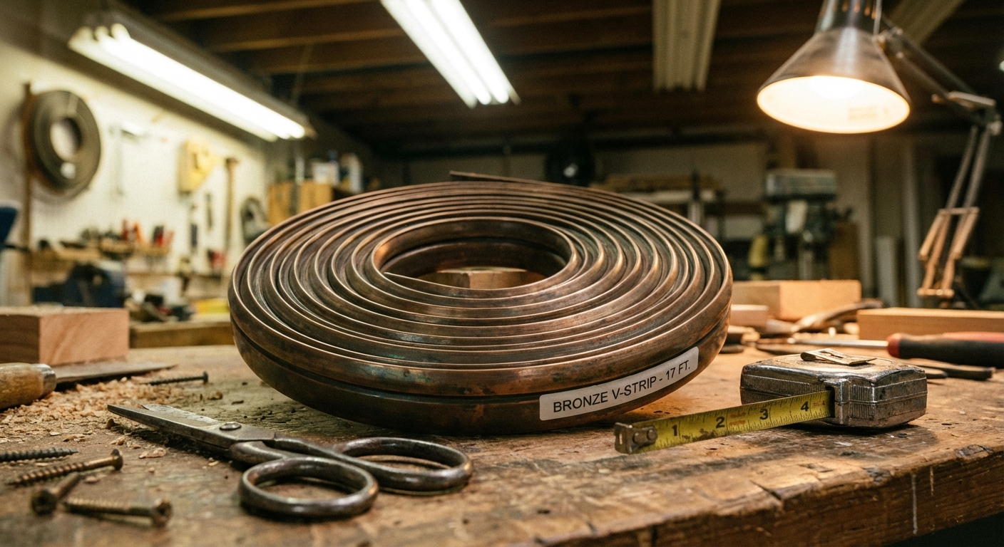 A close-up photo of a roll of bronze V-strip weatherstripping on a workbench next to scissors and a tape measure, workshop lighting, realistic DIY photo