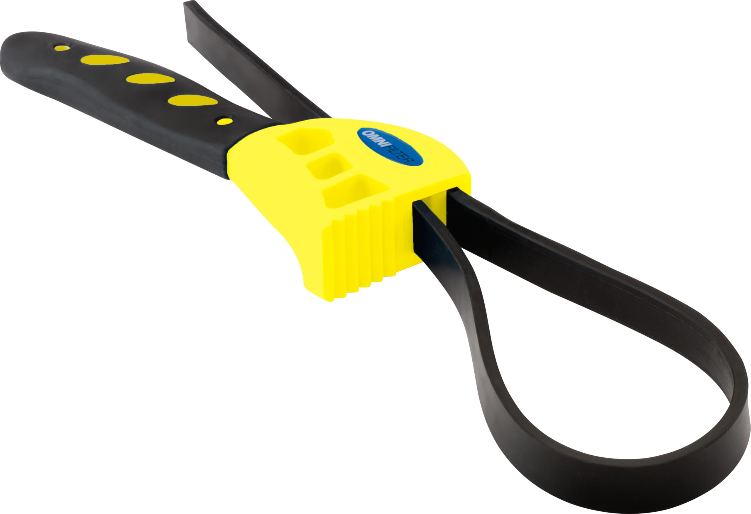 A close-up photo of a rubber strap wrench wrapped around a refrigerator water filter cartridge near the housing, hands applying controlled turning force