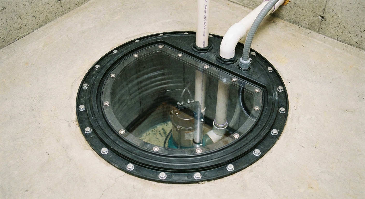 A close-up photo of a sealed basement sump pit lid with gasket and clear cover, showing a clean installation