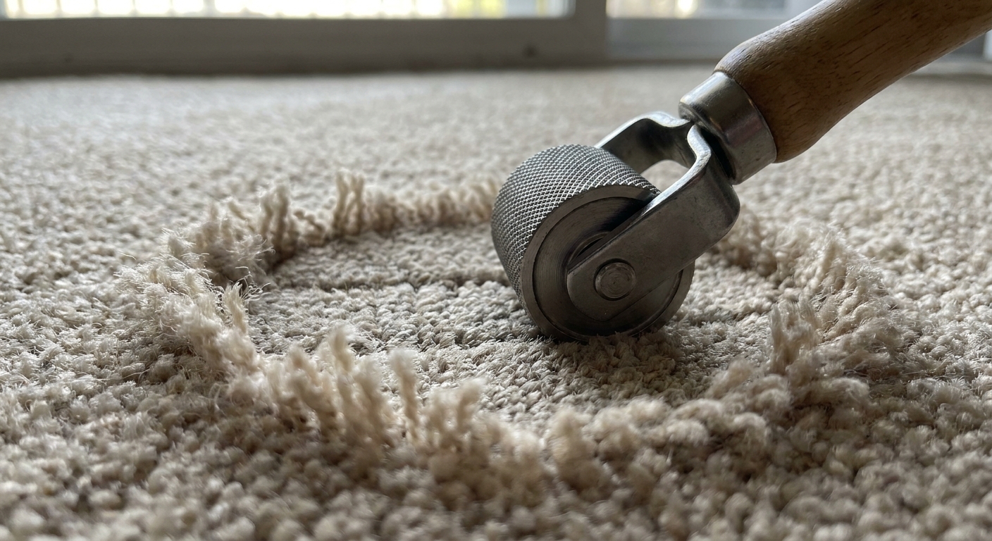A close-up photo of a seam roller being used over a newly installed carpet plug patch while carpet fibers are fluffed along the seam