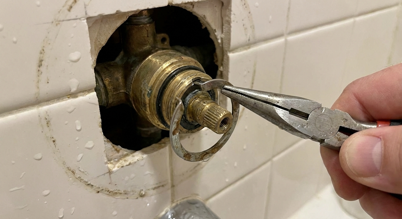A close-up photo of a shower valve cartridge opening with a metal U-shaped retaining clip partially removed using needle-nose pliers