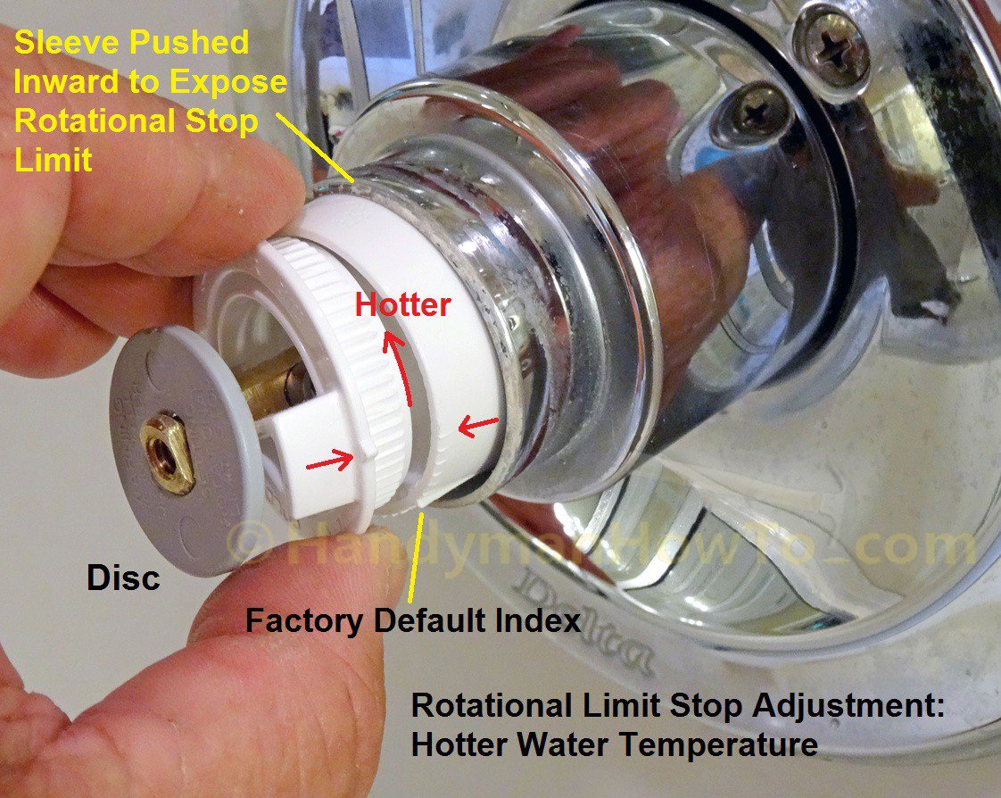 A close-up photo of a shower valve stem with the handle removed, showing an adjustable plastic limit stop ring being repositioned