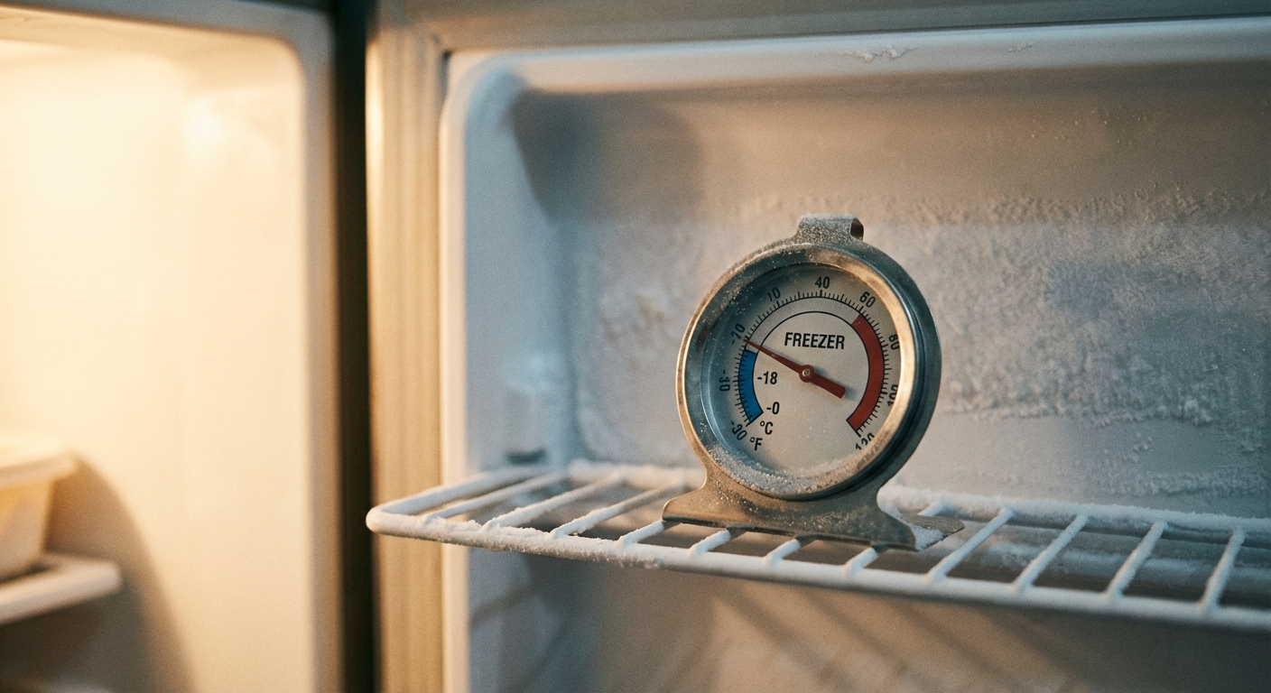 A close-up photo of a simple dial freezer thermometer sitting on a wire shelf inside a home freezer, with frost lightly visible on the back wall and a soft kitchen light spilling in from the open door, realistic photography