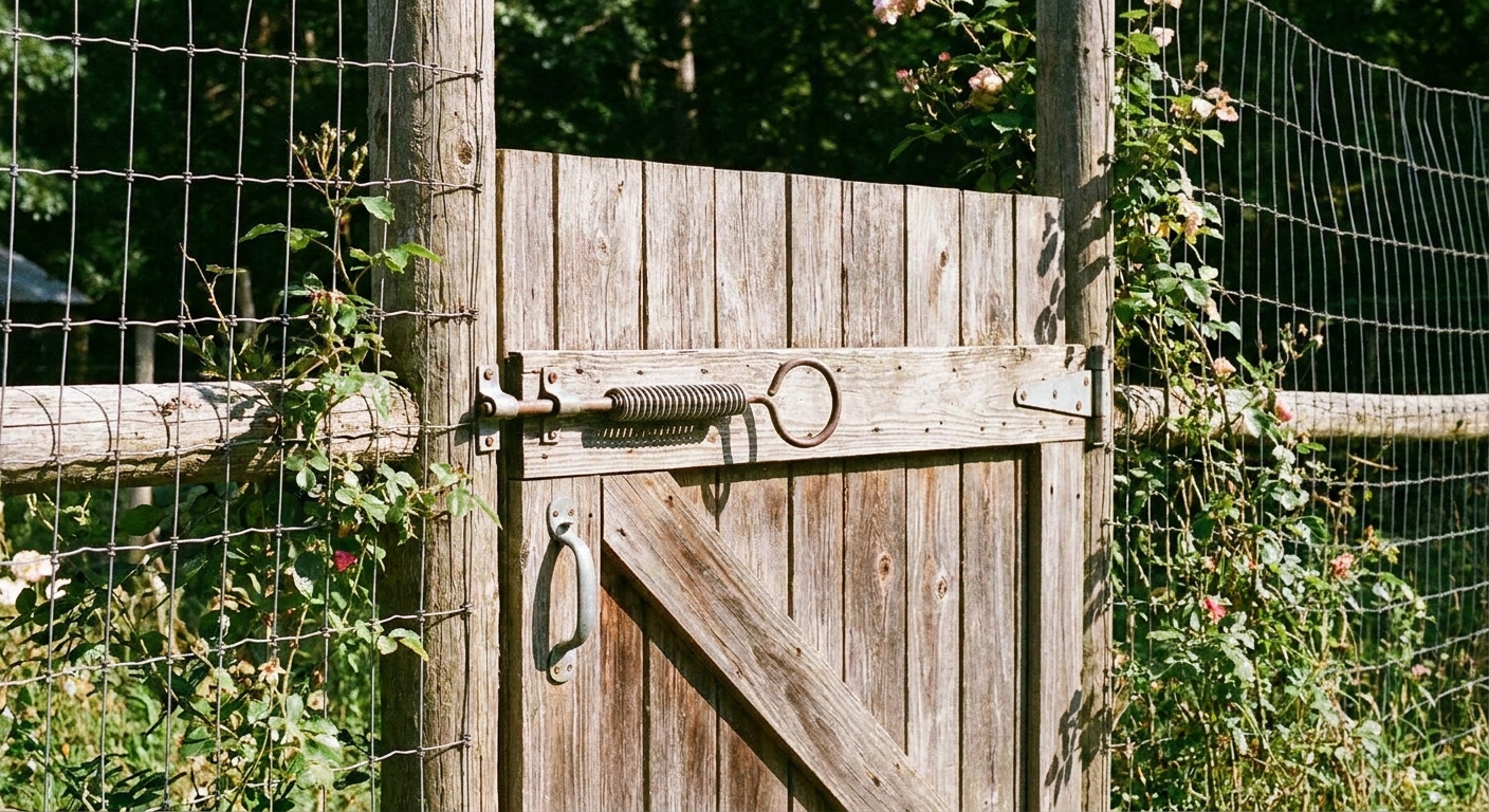 A close-up photo of a simple wooden garden gate with a spring-loaded latch attached to a tall mesh deer fence