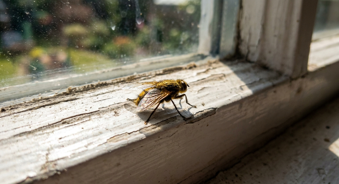 A close-up photo of a single cluster fly resting on a white window sill in natural daylight