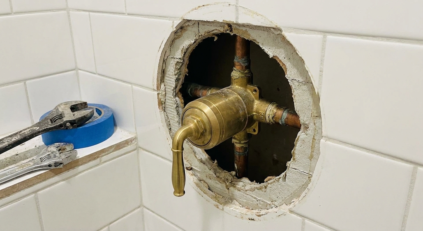 A close-up photo of a single-handle shower faucet with the trim plate removed, showing the valve body in the wall, real bathroom renovation scene