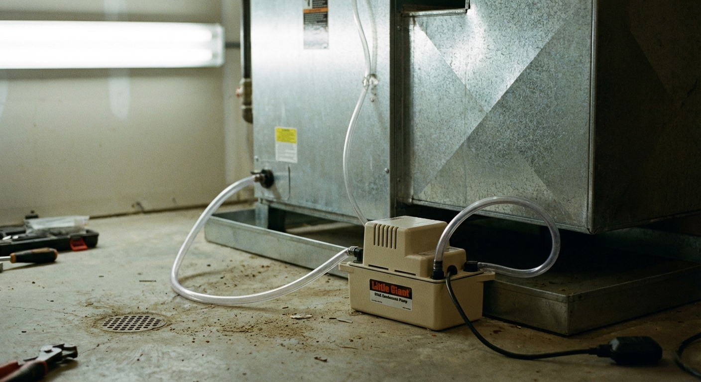 A close-up photo of a small HVAC condensate pump next to an air handler with vinyl tubing connected, sitting on a utility room floor under soft indoor lighting