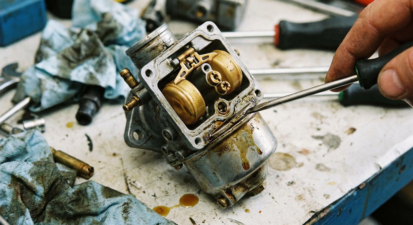A close-up photo of a small engine carburetor with the float bowl being removed, showing fuel residue on the metal