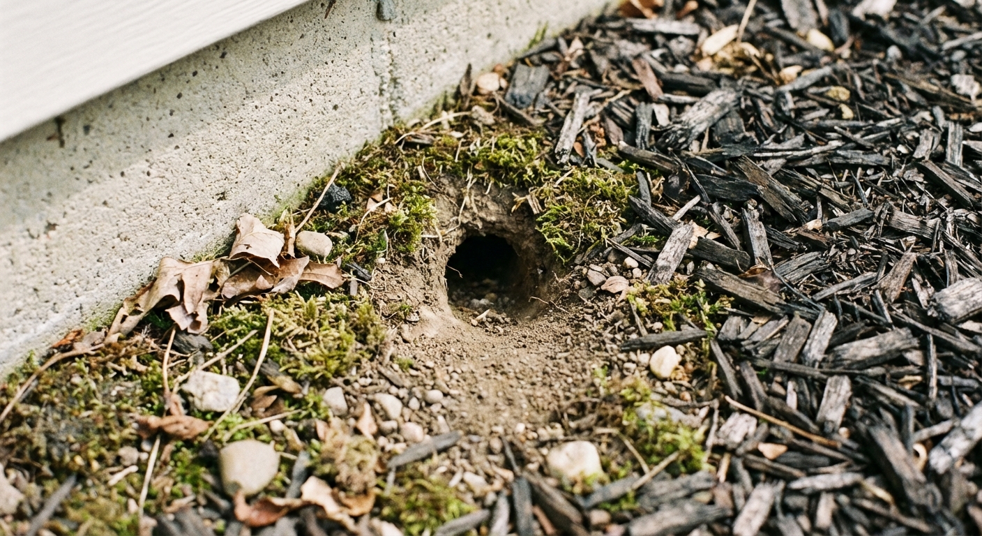A close-up photo of a small round chipmunk burrow opening beside a house foundation and mulch bed, with no dirt mound visible, realistic outdoor photo