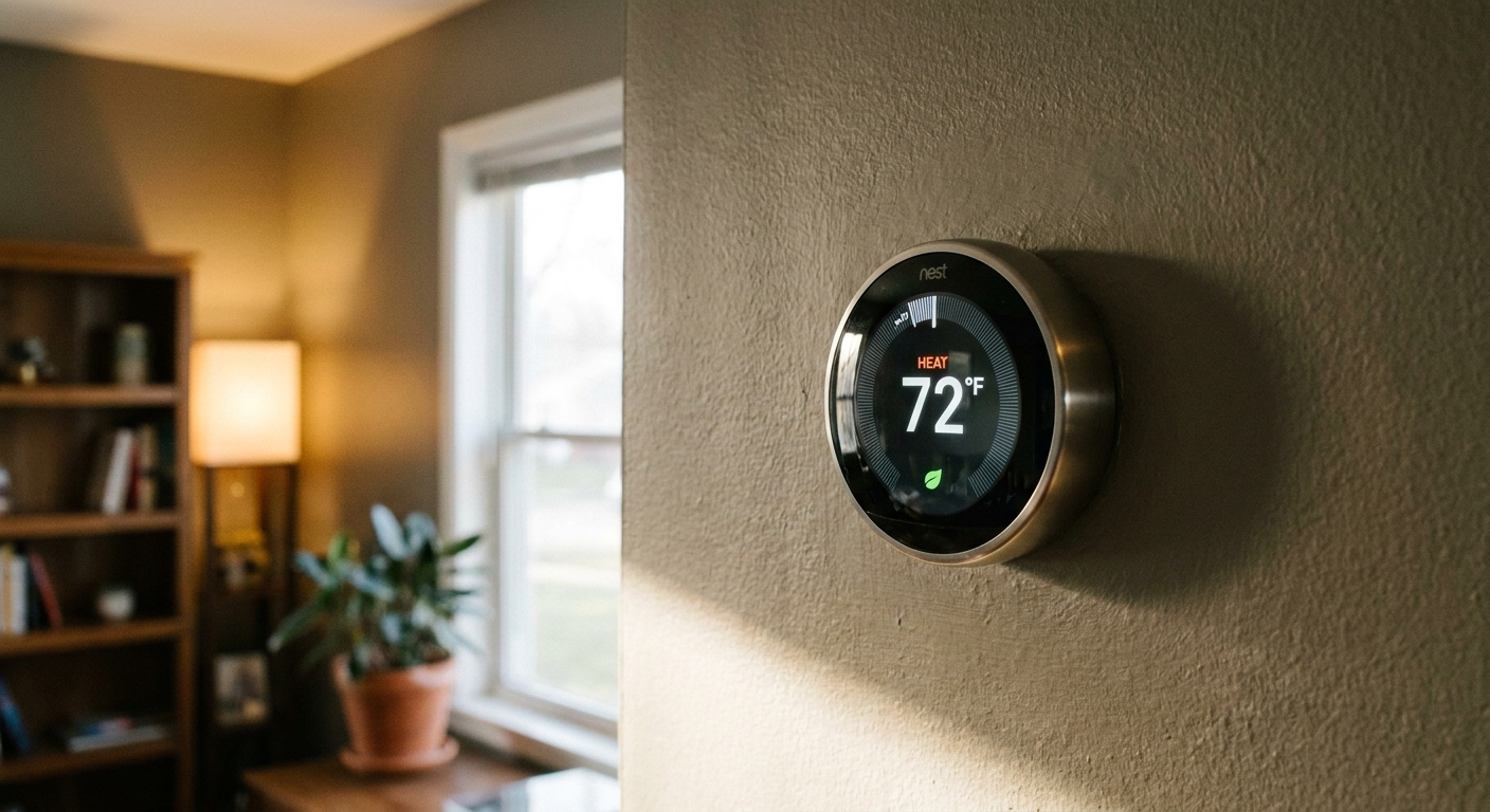 A close-up photo of a smart thermostat mounted on an interior wall in a living room, showing temperature and mode, real household lighting