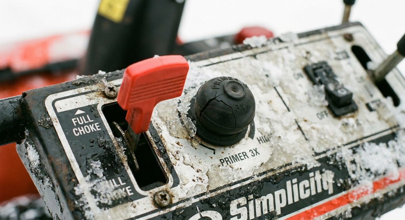A close-up photo of a snow blower control panel showing the choke lever and primer bulb in natural outdoor light