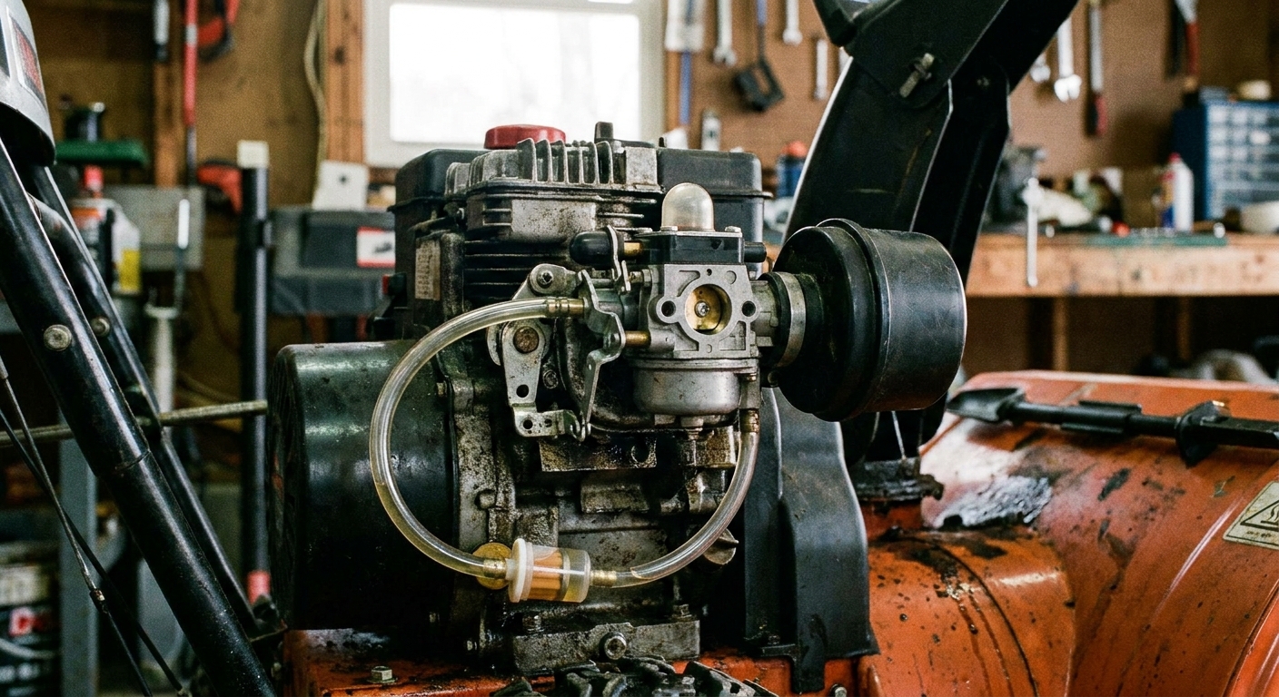 A close-up photo of a snow blower engine with the carburetor and fuel line visible, taken in a garage