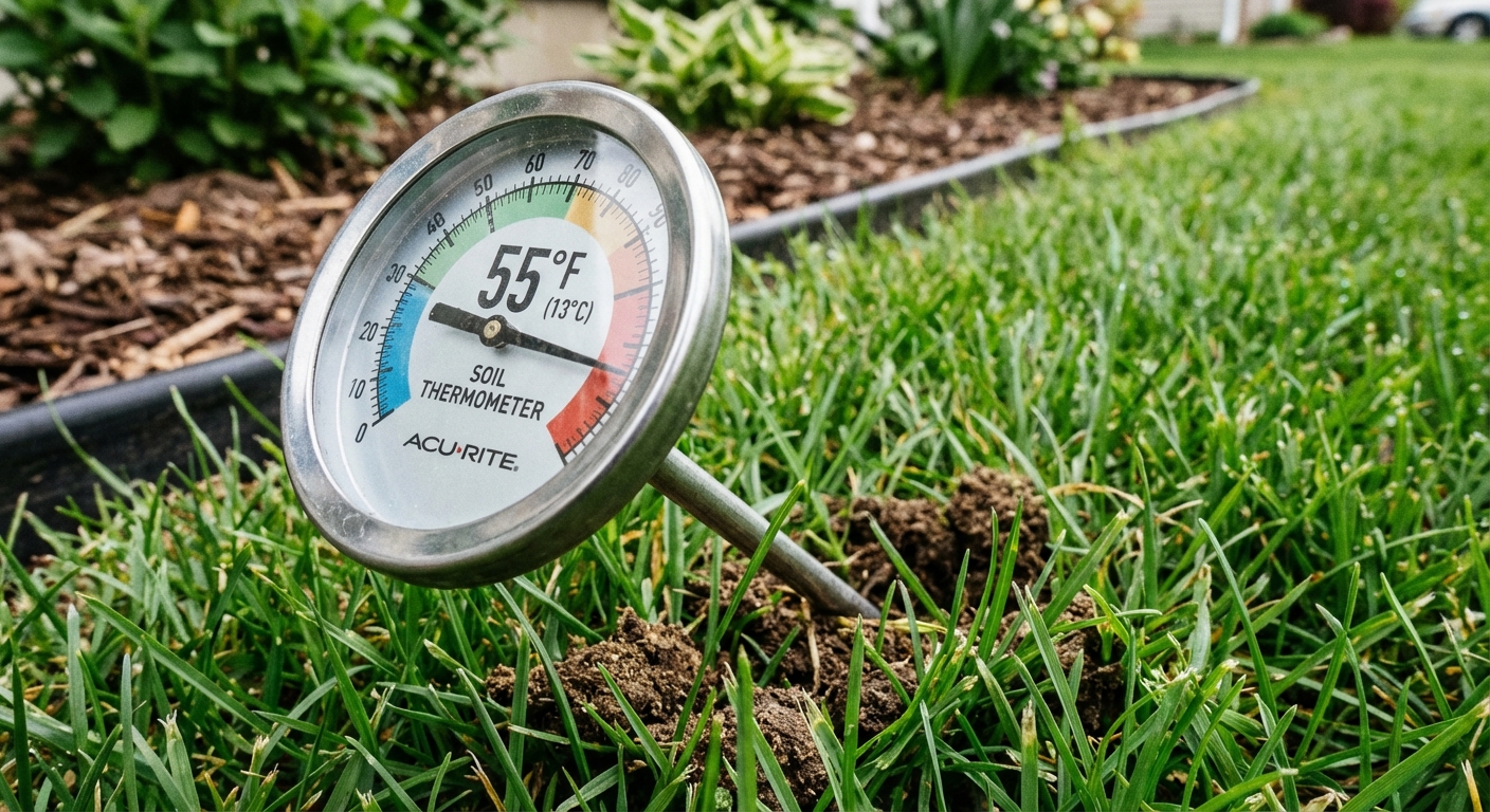 A close-up photo of a soil thermometer inserted into a lawn near the edge of a garden bed, showing a readable dial, with green grass blades around it, photorealistic
