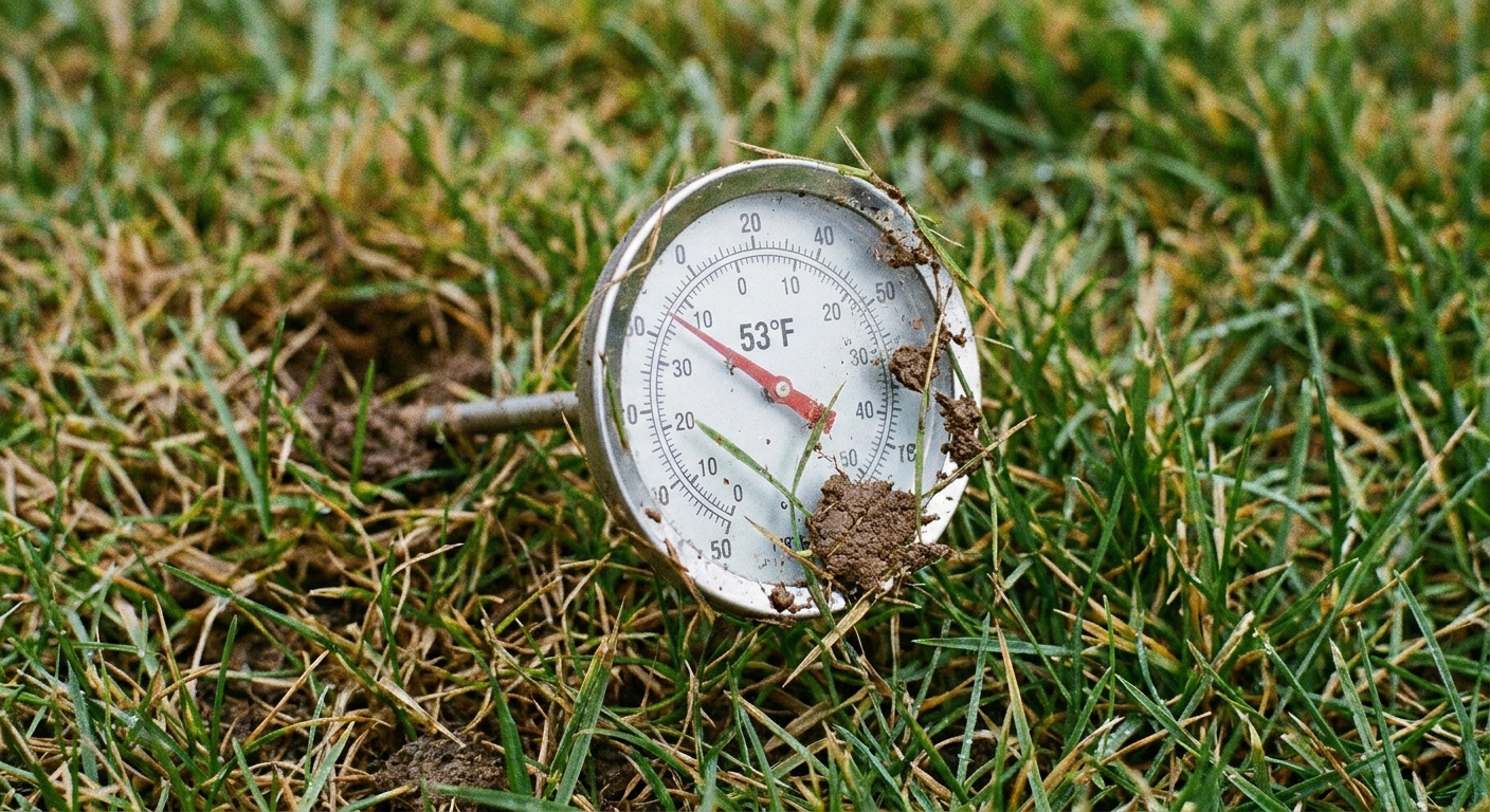 A close-up photo of a soil thermometer inserted into a lawn showing a temperature reading in the low 50s, real photo