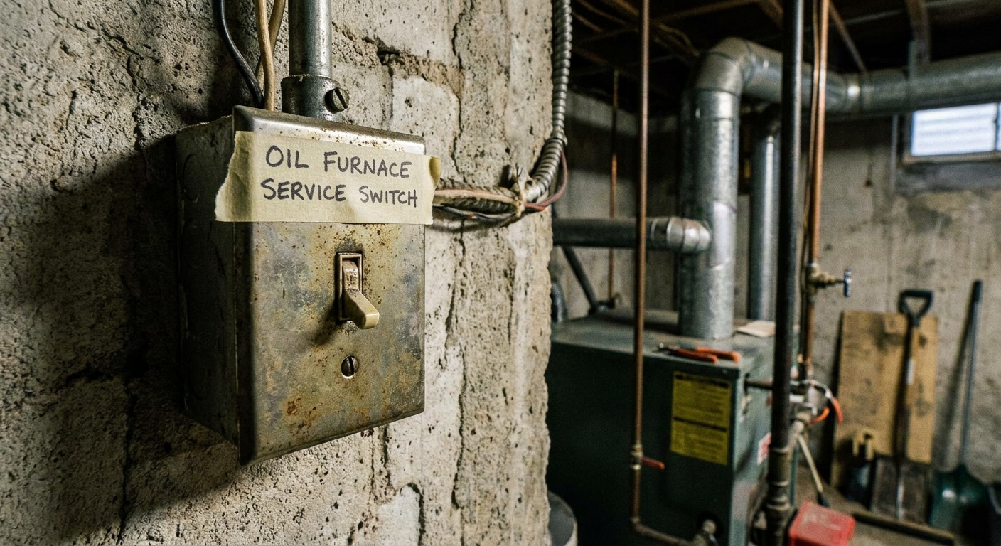 A close-up photo of a standard light switch labeled for an oil furnace service switch on a basement wall near heating equipment
