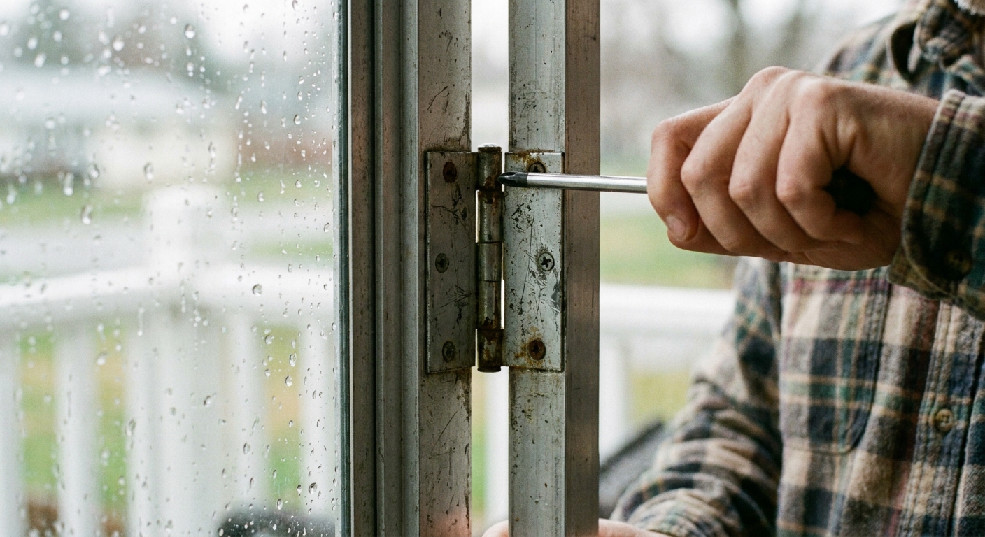 A close-up photo of a storm door hinge on an aluminum frame while a homeowner tightens the hinge screws with a screwdriver