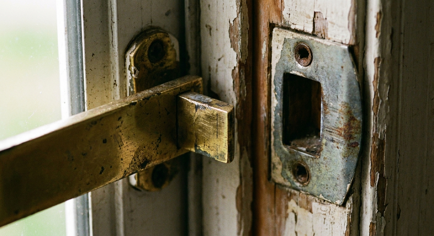 A close-up photo of a storm door latch and striker plate on the jamb, showing the latch bolt lined up near the opening in the striker