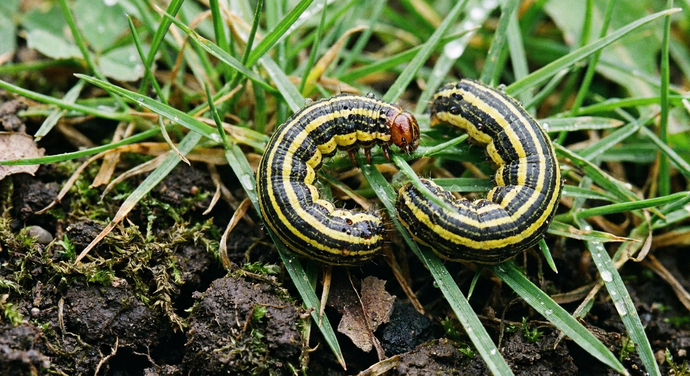 A close-up photo of a striped armyworm caterpillar curled on grass near the soil line in a lawn