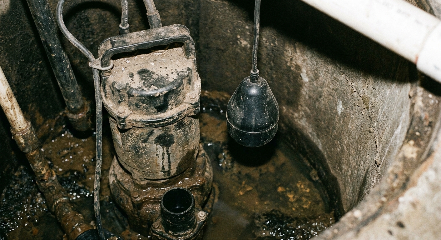 A close-up photo of a submersible sump pump in a sump pit with a tethered float switch beside it, showing the float hanging free and not touching the basin wall