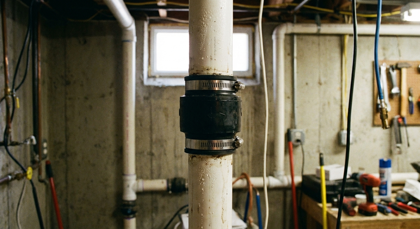 A close-up photo of a sump pump check valve installed on a vertical PVC discharge pipe with metal hose clamps, photographed in a basement utility area