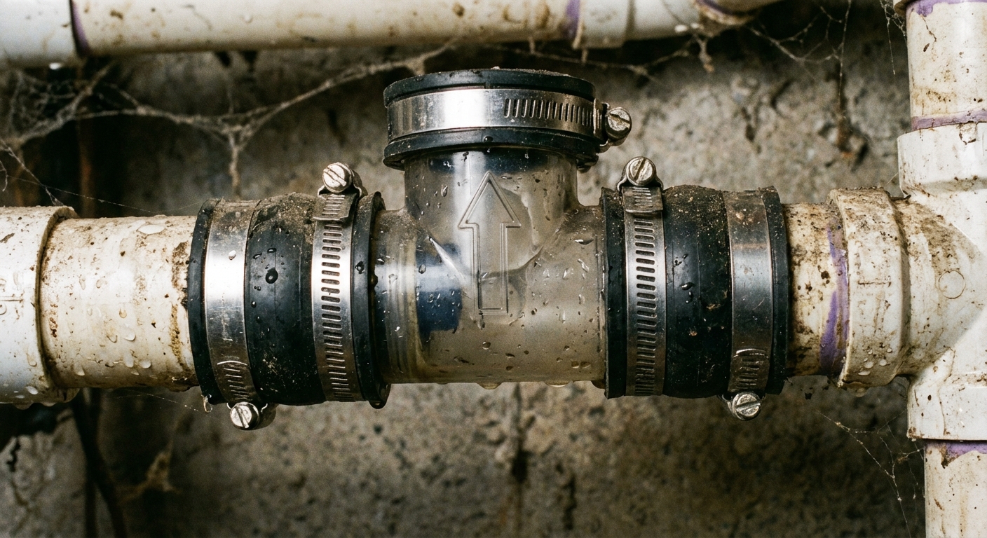 A close-up photo of a sump pump discharge pipe in a basement with a check valve installed, showing hose clamps and the direction arrow on the valve body